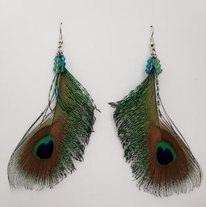 Peacock feather earrings with crystal drops.